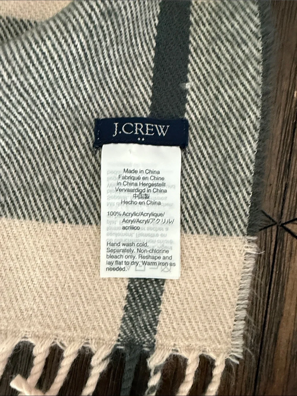J.Crew Classic Plaid Blanket Scarf Pink Cream Gray Oversized Fringe Wrap
